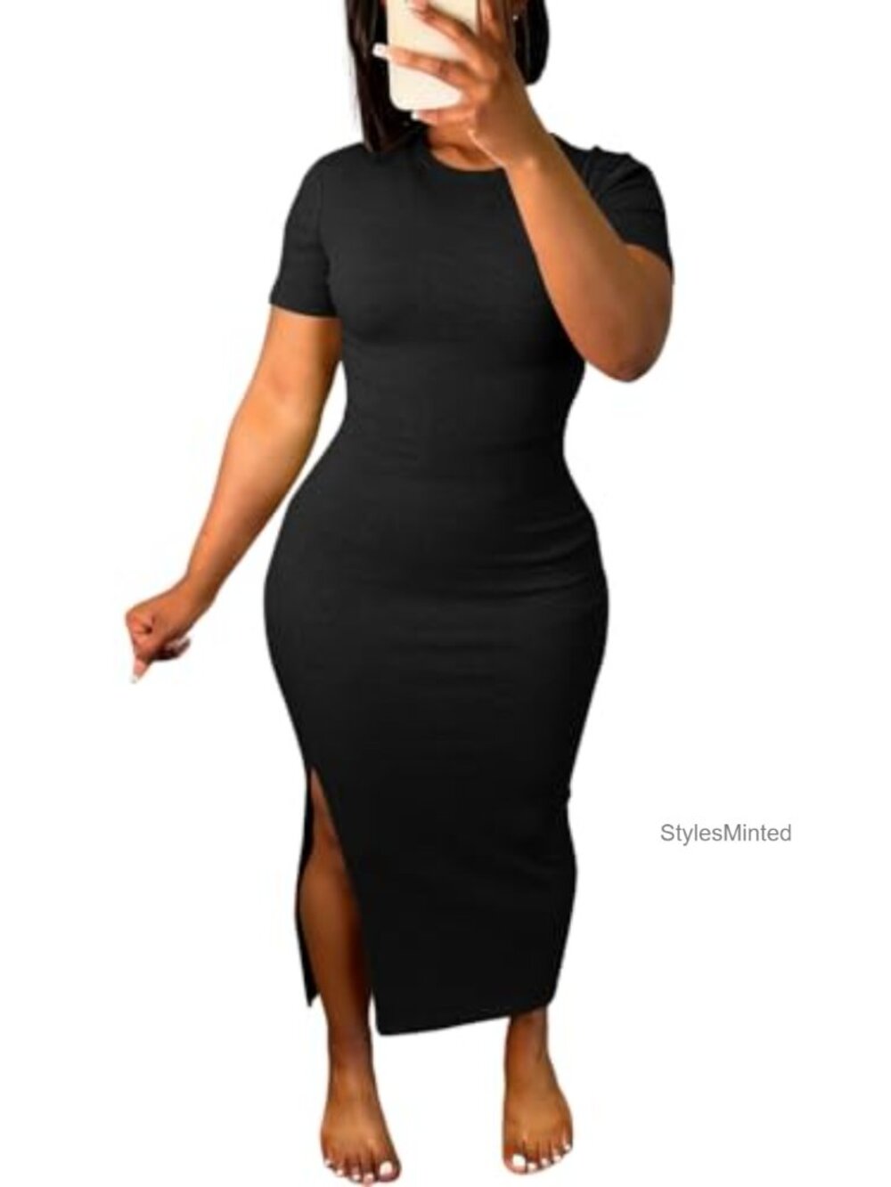 Bodycon Maxi Dress V-Neck Short Sleeve Side Split Summer Casual Party